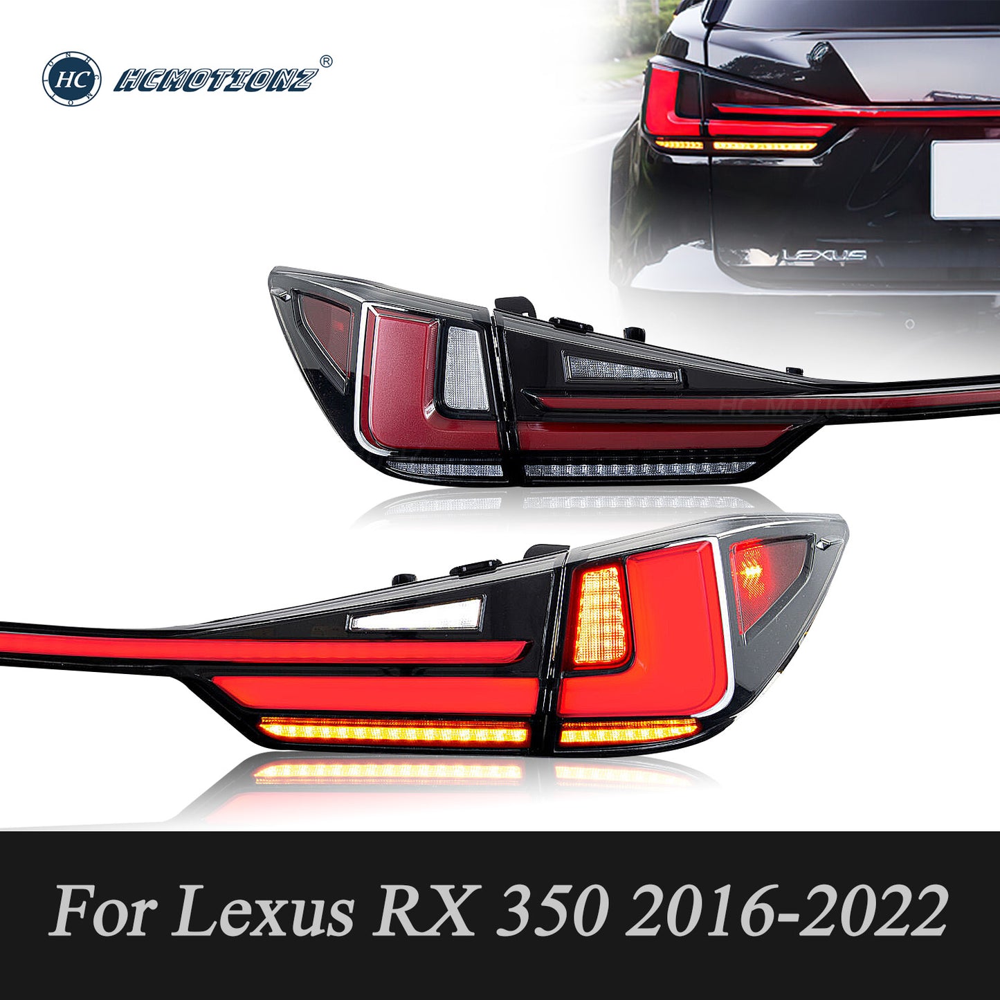 HCMOTION LED Taillights for 2016-2022 Lexus RX 350 L RX 450h F | Sequential Turn Signal & Startup Animation Clear