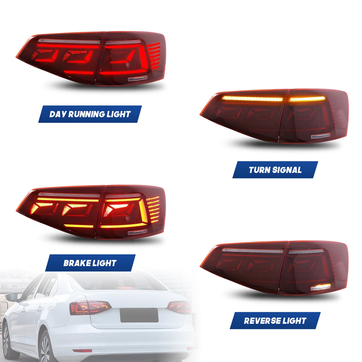 HCMOTION LED Taillights for 2015-2018 VW Jetta MK6 | Sequential Turn Signal & Start-up Animation Red