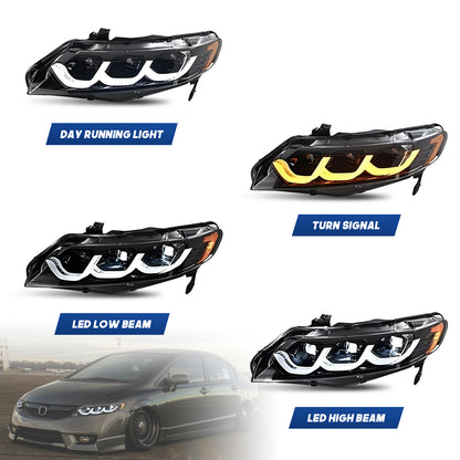 HCMOTION DOT-Approved LED Headlights for 2006-2011 Honda Civic 8th Gen | Projector Front Lamps Sequential Signal & Startup Animation Pair