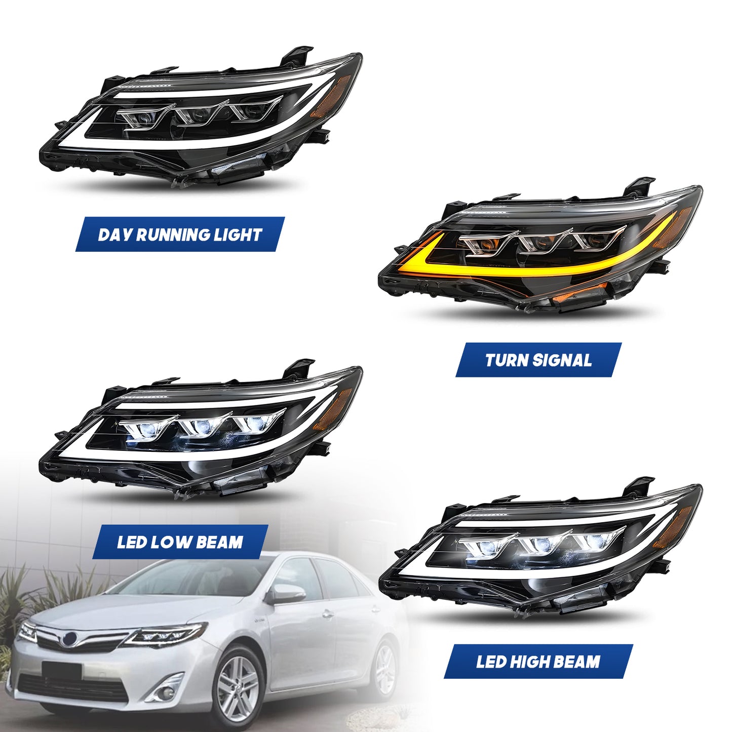 HCMOTION LED Headlight Assembly for 2012-2014 Toyota Camry (XV50) | Sequential Signal & Startup Animation Type B
