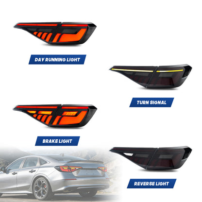 HCMOTION Full LED Tail Lights for 2022-2026 Honda Civic Sedan 11th Gen | Startup Animation & Sequential Signal Smoked Lens Pair
