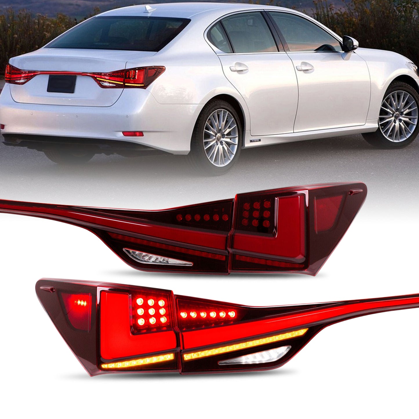 HCMOTION LED Taillights for 2012-2020 Lexus GS 250 300h 350 F 450h | Sequential Turn Signal & Startup Animation Red