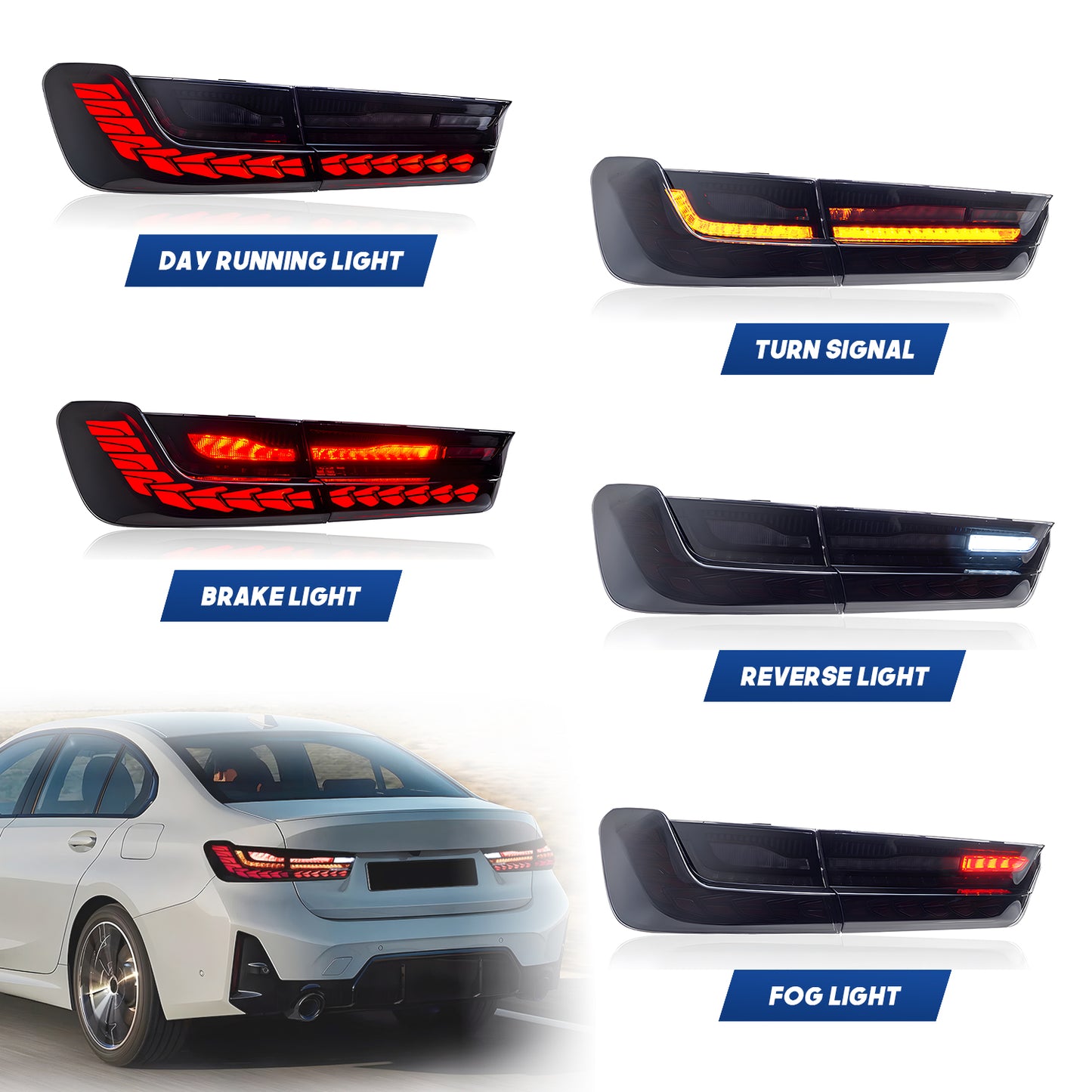 HCMOTION DOT-Approved LED Tail Lights for 2019–2025 BMW 3 Series G20 Sedan | Startup Animation & Sequential Signal Pair