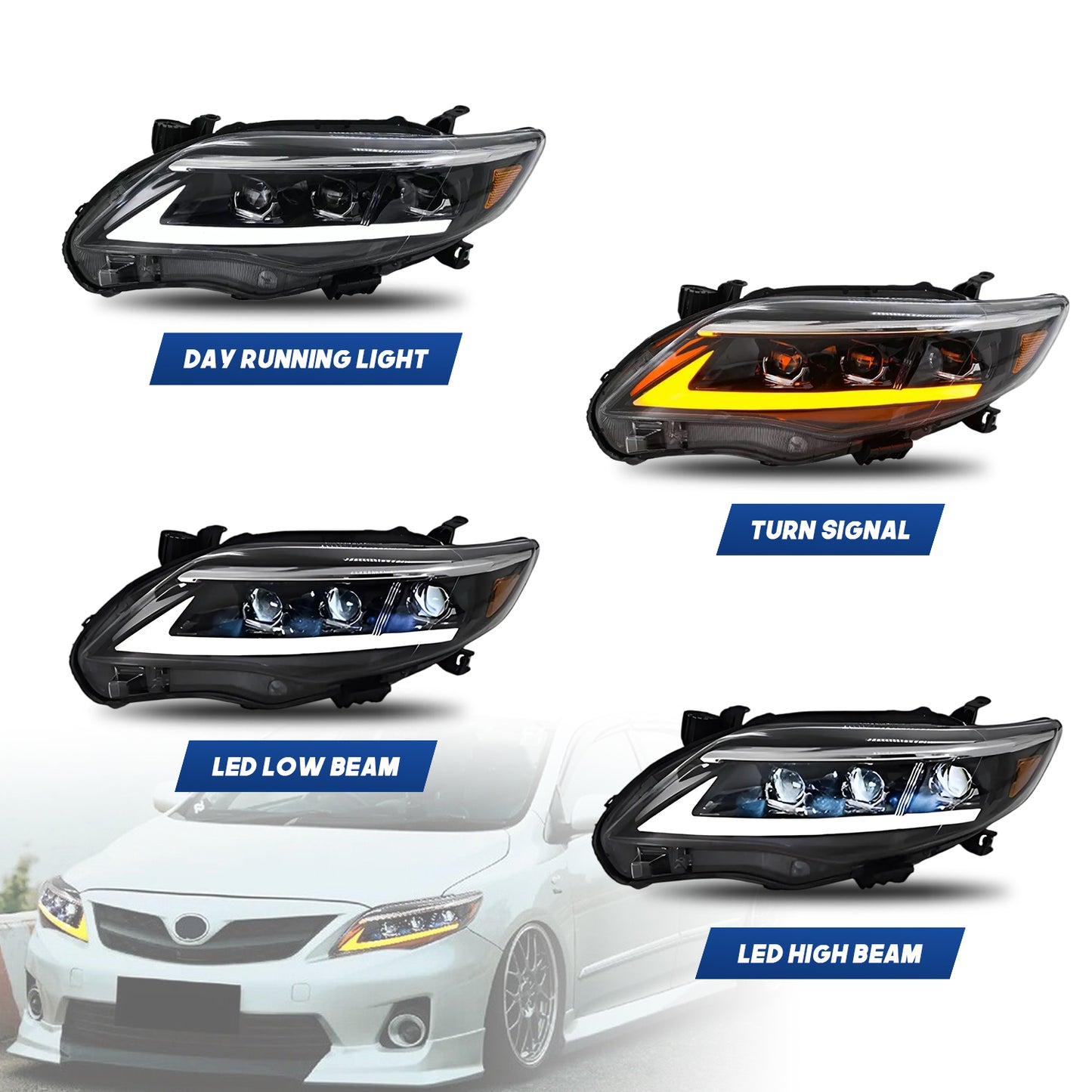 HCMOTION LED Headlight Assembly for 2011-2013 Toyota Corolla | Sequential Signal & Startup Animation