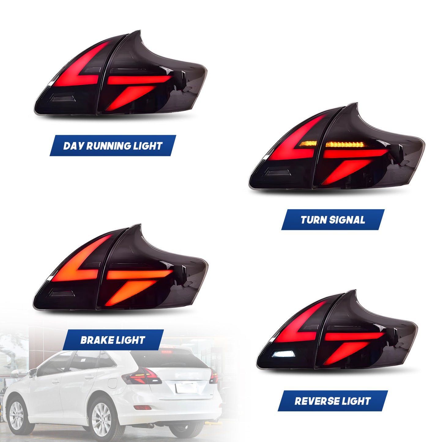 HCMOTION DOT-Approved Full LED Tail Lights for 2009-2016 Toyota Venza | Sequential Signal & Startup Animation Pair