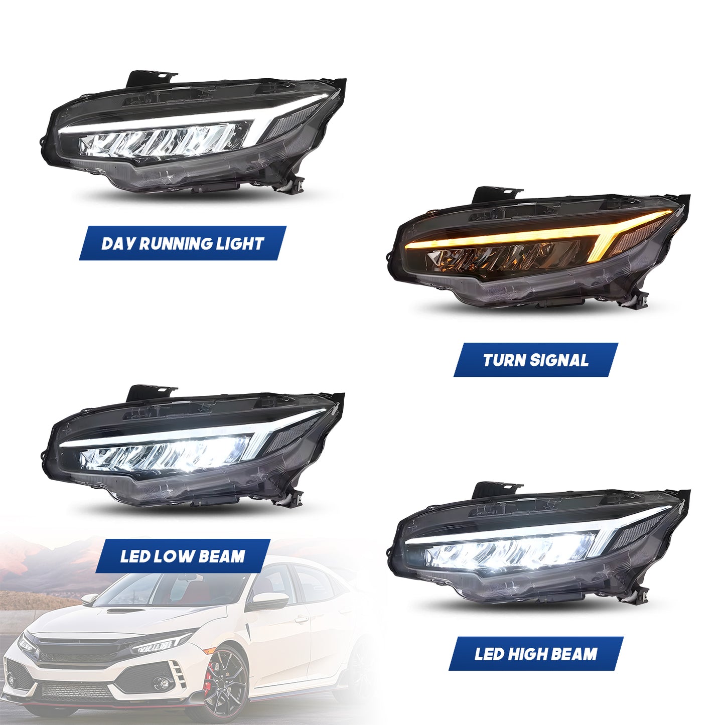 HCMOTION LED Headlights for 2016-2021 Honda Civic 10th Gen | Sequential Turn Light & Startup Animation