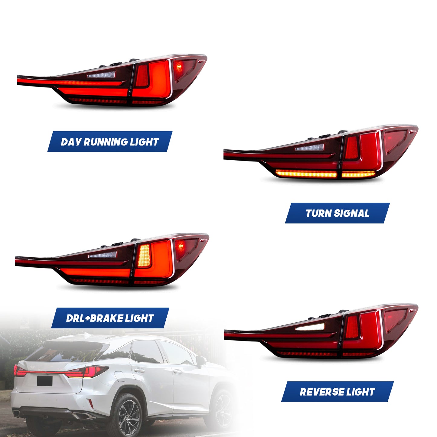 HCMOTION LED Taillights for 2016-2022 Lexus RX 350 L RX 450h F | Sequential Turn Signal & Startup Animation Red