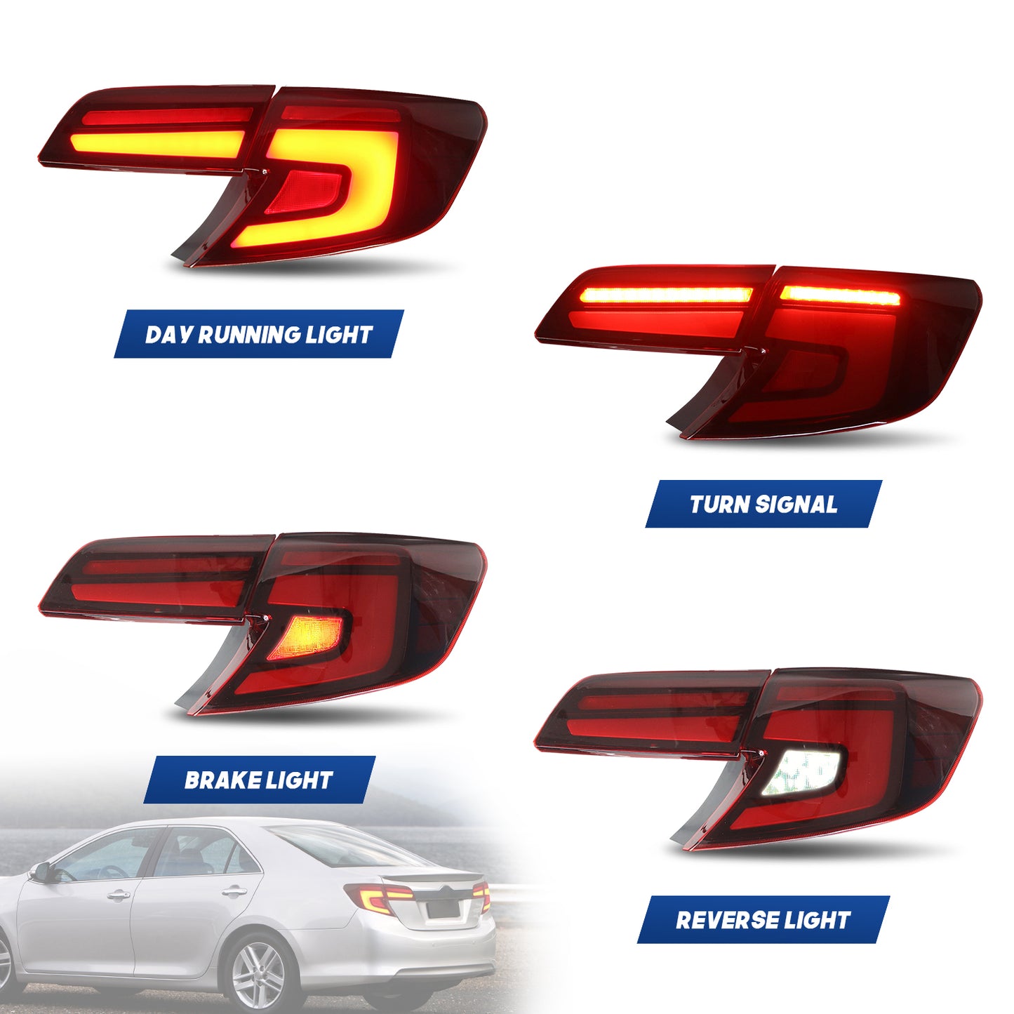 HCMOTION DOT-Approved LED Tail Lights for 2012-2014 Toyota Camry USA Type | Startup Animation & Sequential Signal Pair Red
