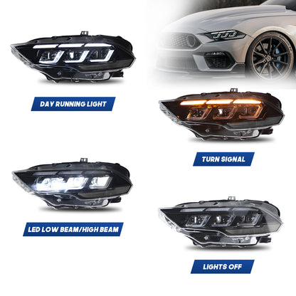 HCMOTION DOT-Approved LED Headlights for 2018-2023 Ford Mustang S550 | Tri-Bar DRL, Sequential Signal & Startup Animation Pair