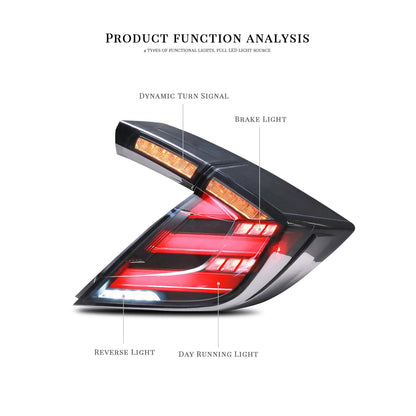 HCMOTION DOT-Approved LED Tail Lights for 2016-2021 Honda Civic Hatchback | Sequential Signal & Startup Animation Clear Lens Pair