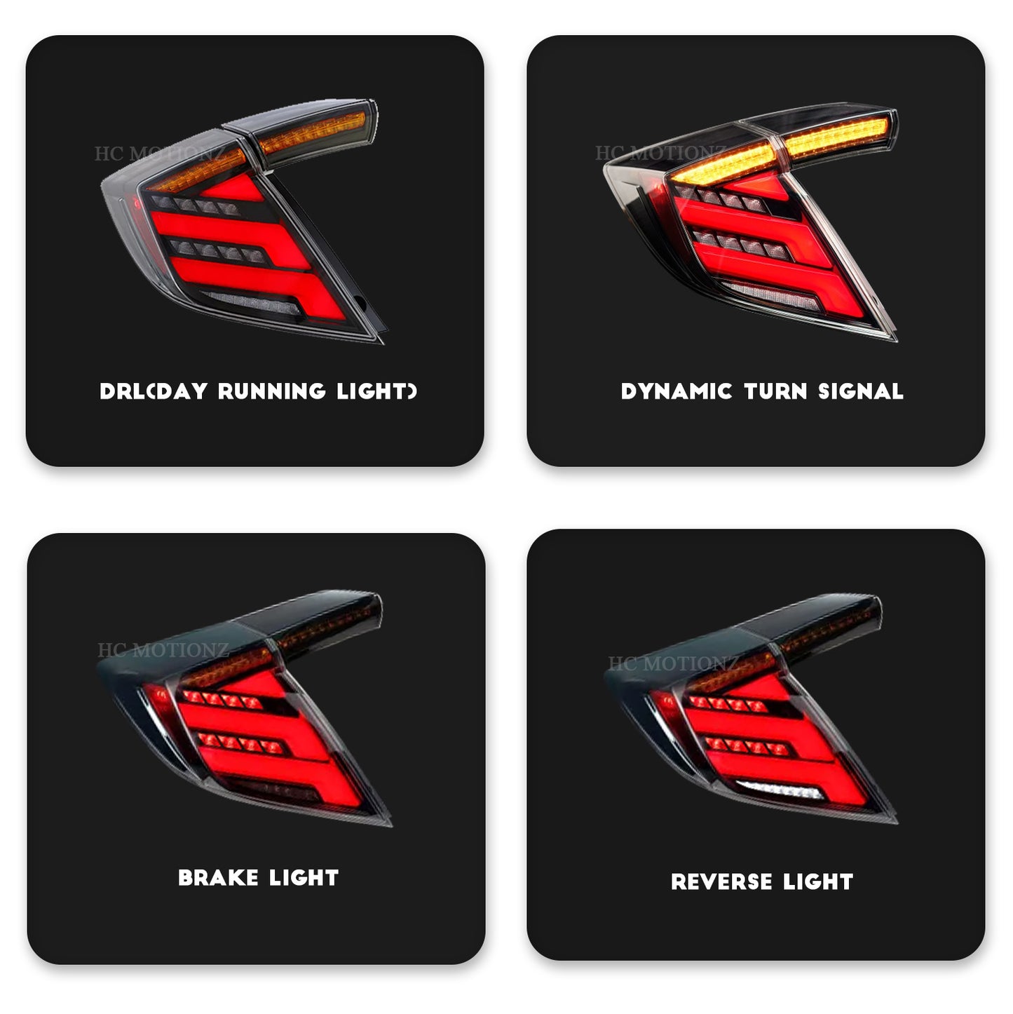 HCMOTION LED Tail Lights for 2016-2021 Honda Civic Hatchback | Sequential Turn Signal & Startup Animation