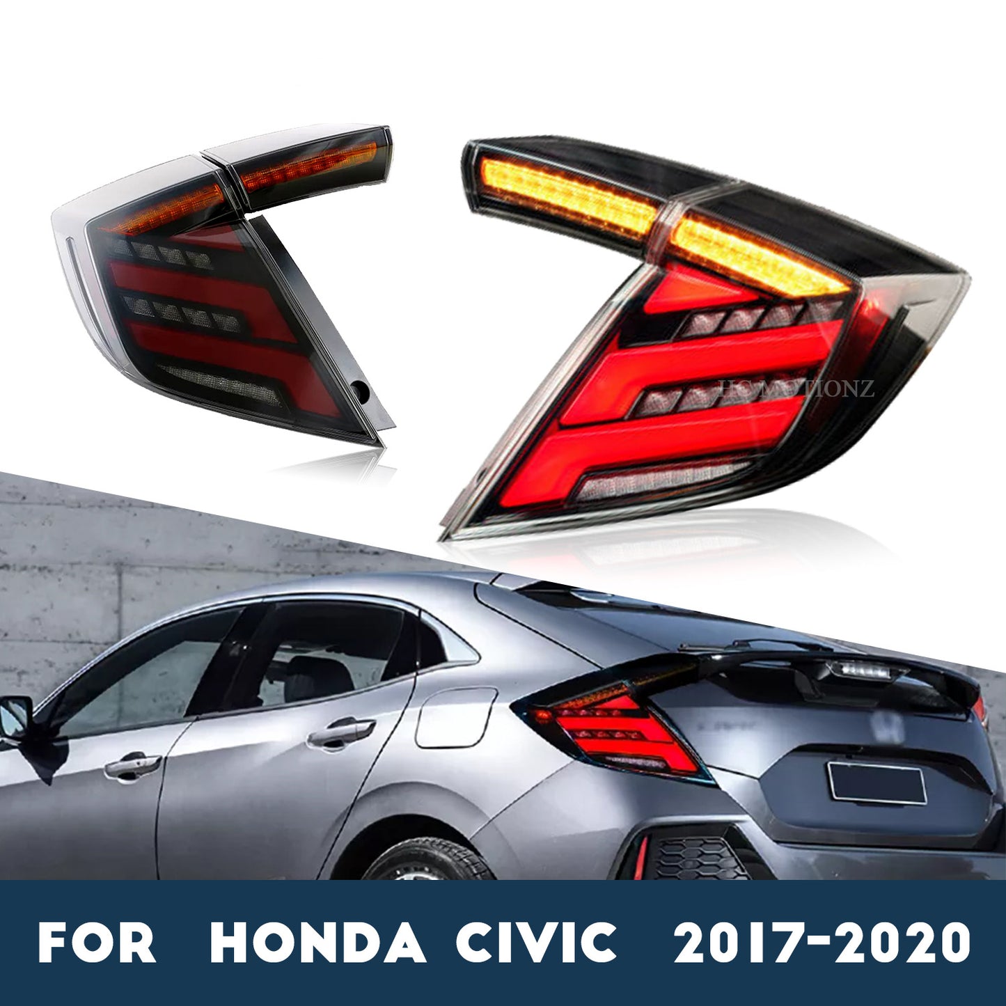 HCMOTION LED Tail Lights for 2016-2021 Honda Civic Hatchback | Sequential Turn Signal & Startup Animation
