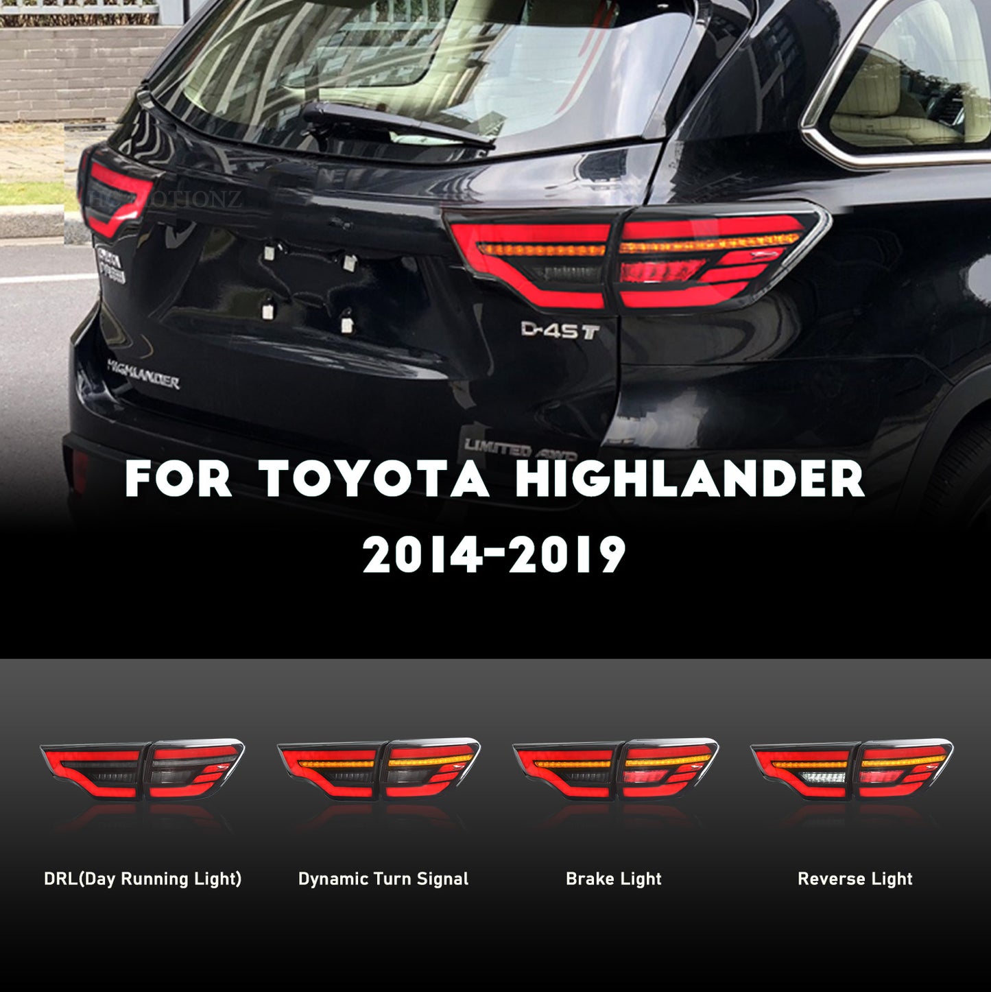 HCMOTION LED Taillights for 2014-2019 Toyota Highlander | Sequential Signal & Startup Animation Smoked
