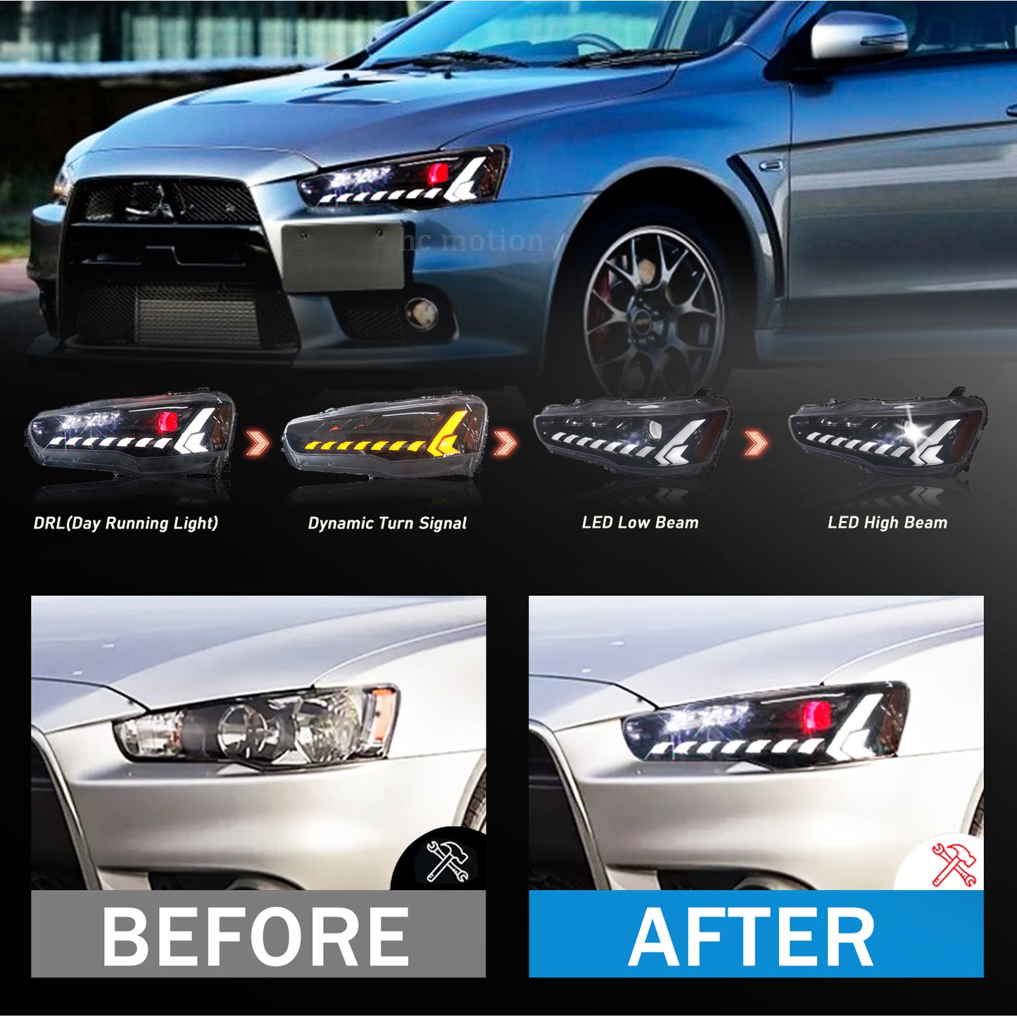 HCMOTION LED Headlights for Mitsubishi Lancer 2008-2017 | Sequential Turn Signal & Startup Animation