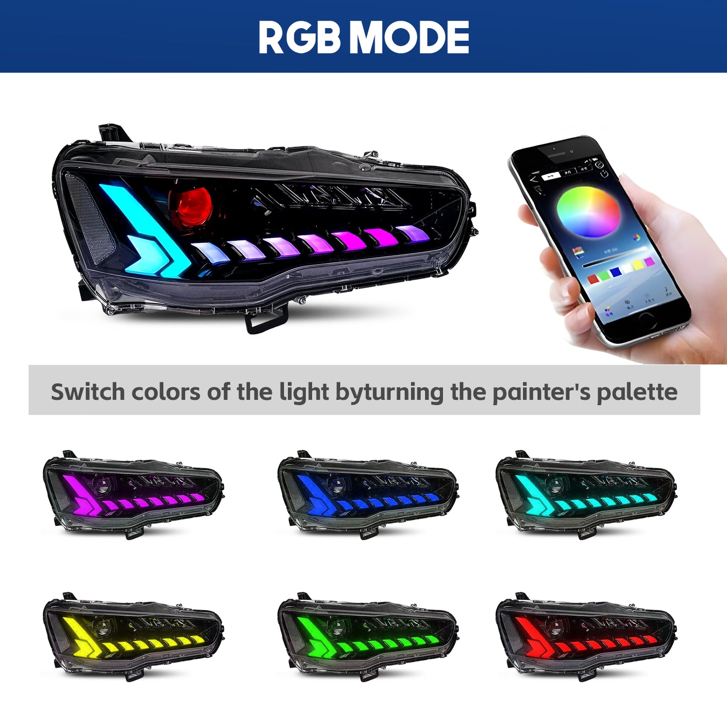 HCMOTION LED RGB Headlights for Mitsubishi Lancer 2008-2017 | Sequential Turn Signal & Startup Animation