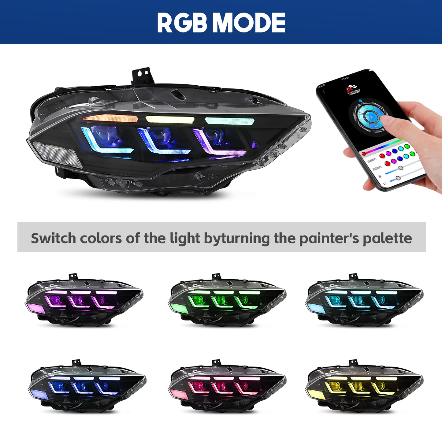 HCMOTION RGB LED Headlights for 2018-2023 Ford Mustang S550 | Sequential Signal & Startup Animation