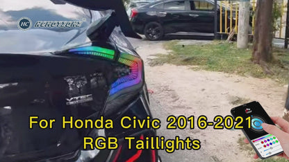 HCMOTION LED RGB Taillights for 2016-2021 Honda Civic 10th Gen Sedan | Sequential Turn Signal & Startup Animation Smoked